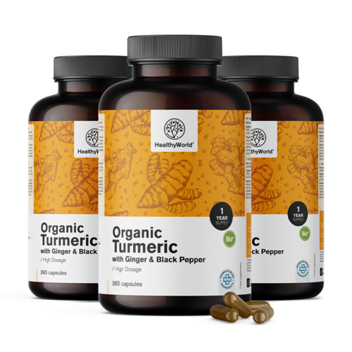 3x BIO Kurkuma 480 mg – gyömbérrel és fekete borssal, összesen 1095 kapszula