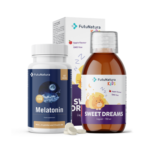 Nyugodt éjszaka: melatonin + folyékony étrend-kiegészítő gyerekeknek, készlet